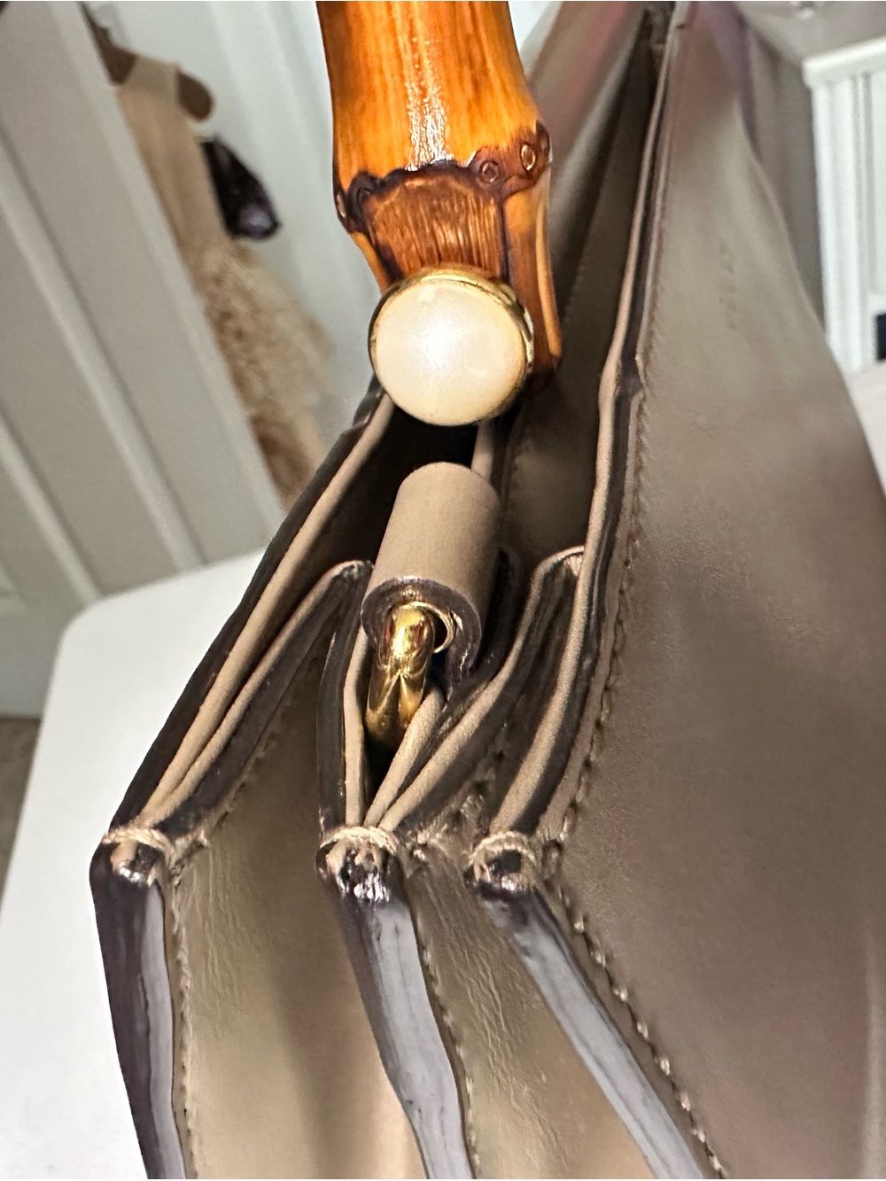 Gucci Taupe Leather Bamboo-Handle Satchel with Navy & Red Strap - Picture 12 of 16